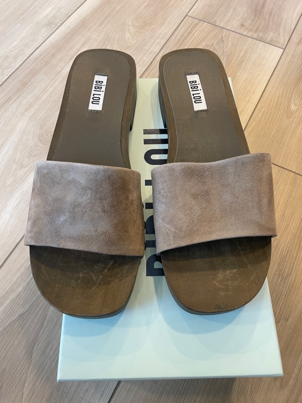 New Bibi Lou Anthropologie Taupe Suede Slide Sandals - Women's